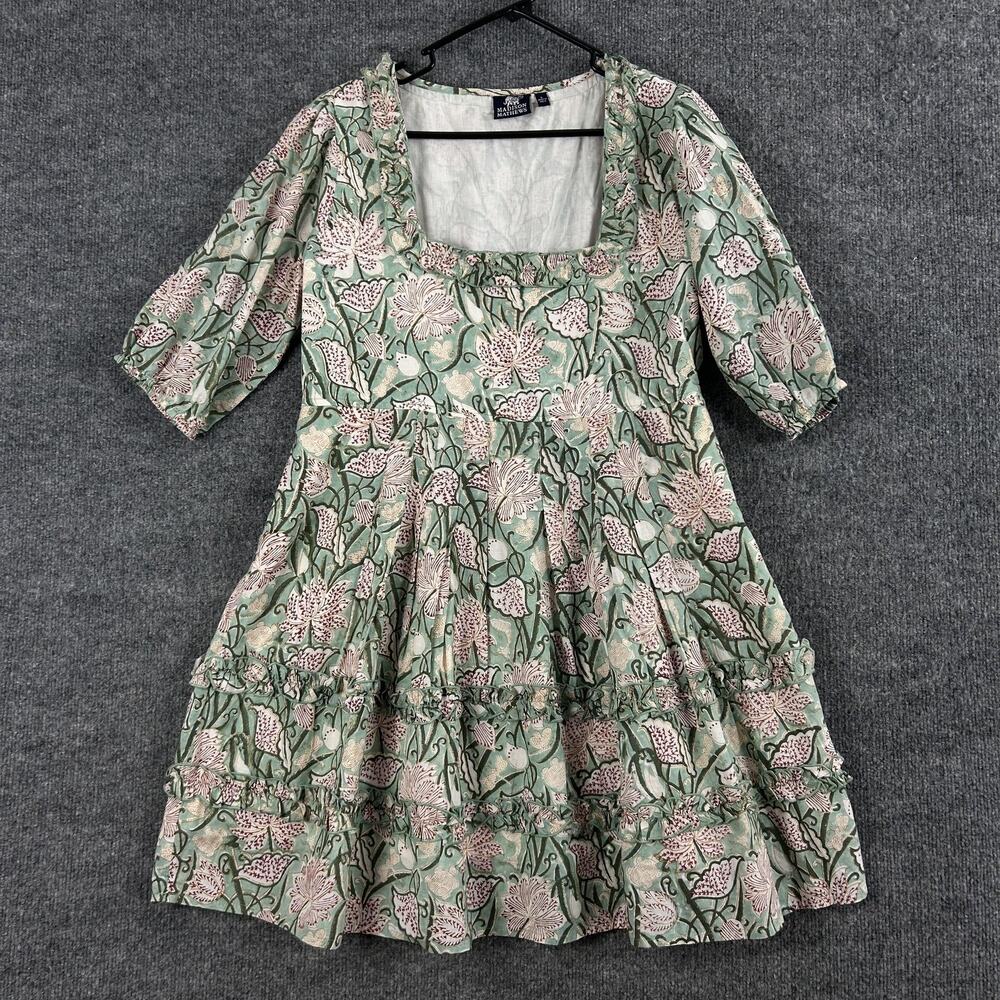 Madison Mathews Dress Large Square Neck Puff Floral Swing Boho Cottagecore